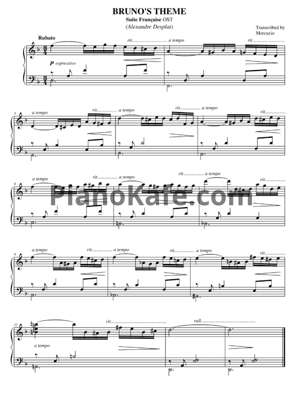 Ноты Alexandre Desplat - Bruno's theme