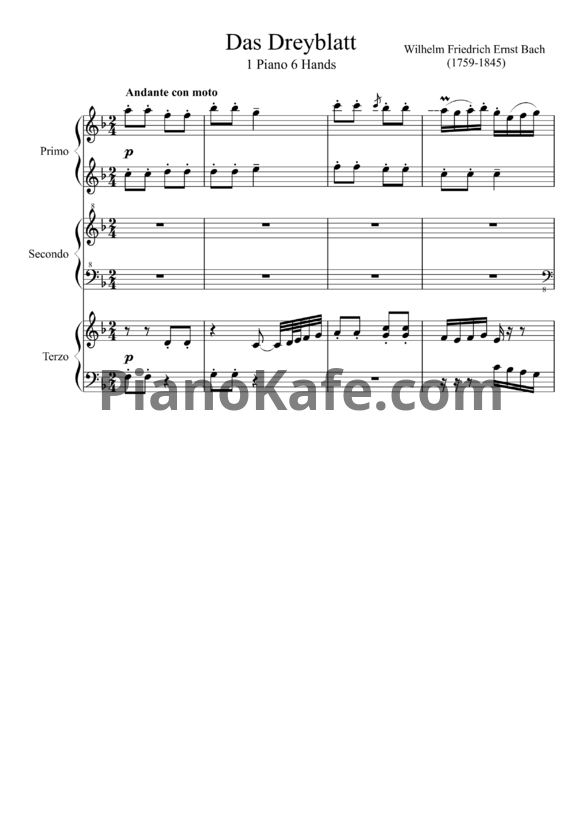 Ноты Вильгельм Фридрих Эрнст Бах - Das Dreyblatt (для фортепиано в 6 рук)