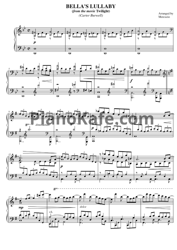 Ноты Carter Burwell - Bella's lullaby (Arranged by Mercuzio)
