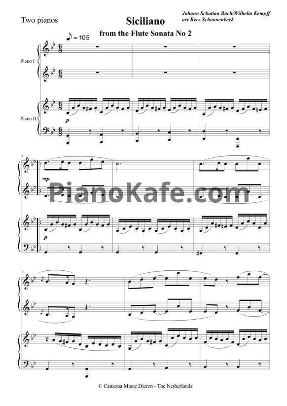 Ноты И. Бах, Wilhelm Kempff - Сицилиана из соната для флейты №2 (для 2 фортепиано)
