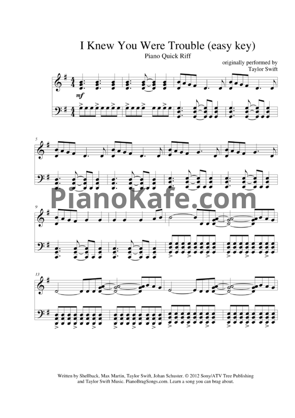 Ноты Taylor Swift - I knew you were trouble (easy key)