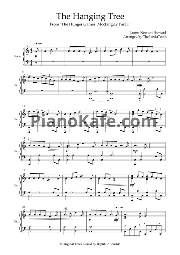 Ноты Jennifer Lawrence / James Newton Howard - The Hanging Tree (Виселица)