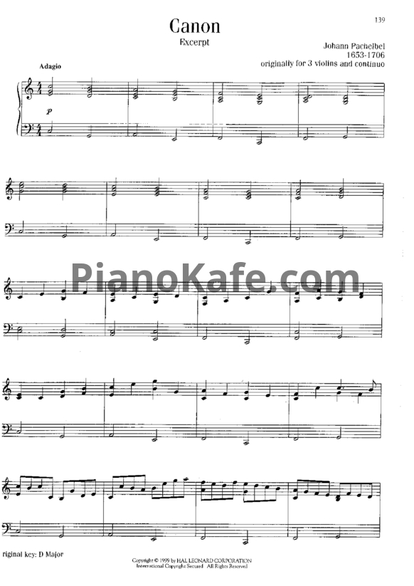 Ноты Иоганн Пахельбель - Канон (до мажор)
