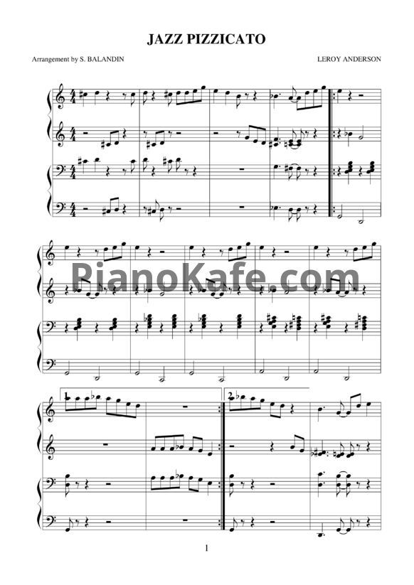 Ноты Leroy Anderson - Jazz pizzicato (для фортепиано в 4 руки)