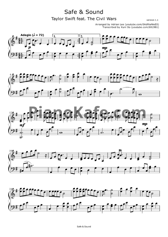 Ноты Taylor Swift & The Civil Wars - Safe and sound (Adrian Alee version)