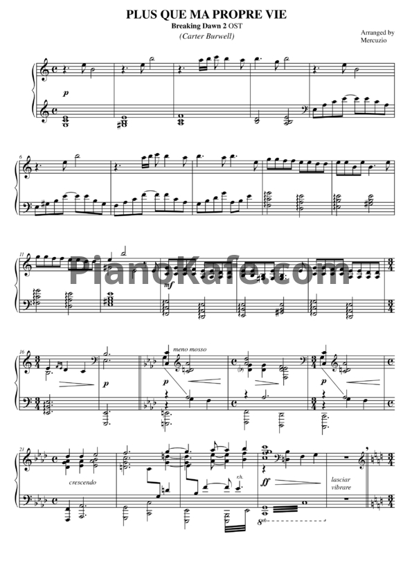 Ноты Carter Burwell - Plus que ma propre vie