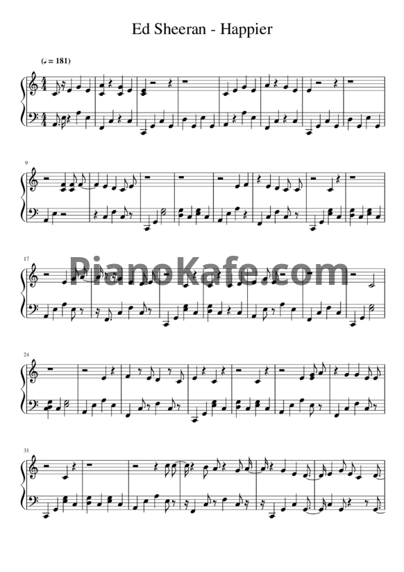 Ноты Ed Sheeran - Happier (Piano cover)