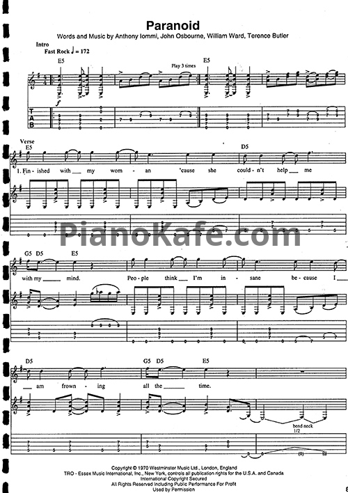 Ноты Ozzy Osbourne - Paranoid (Guitar Tabs & Voice)
