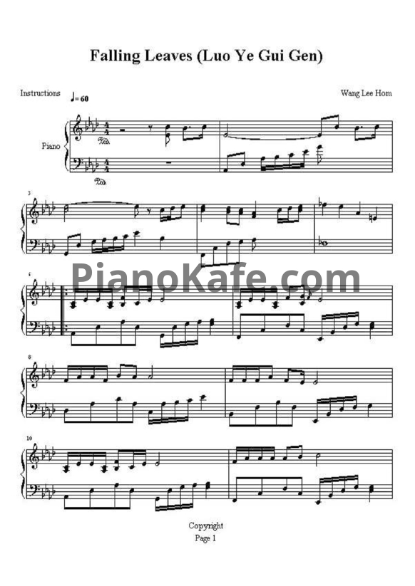 Ноты Wang LeeHom - Luo ye gui gen (Falling leaves)