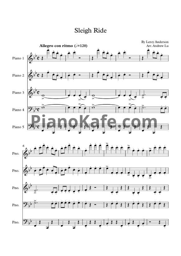 Ноты Leroy Anderson - Sleigh ride (для 5 фортепиано)