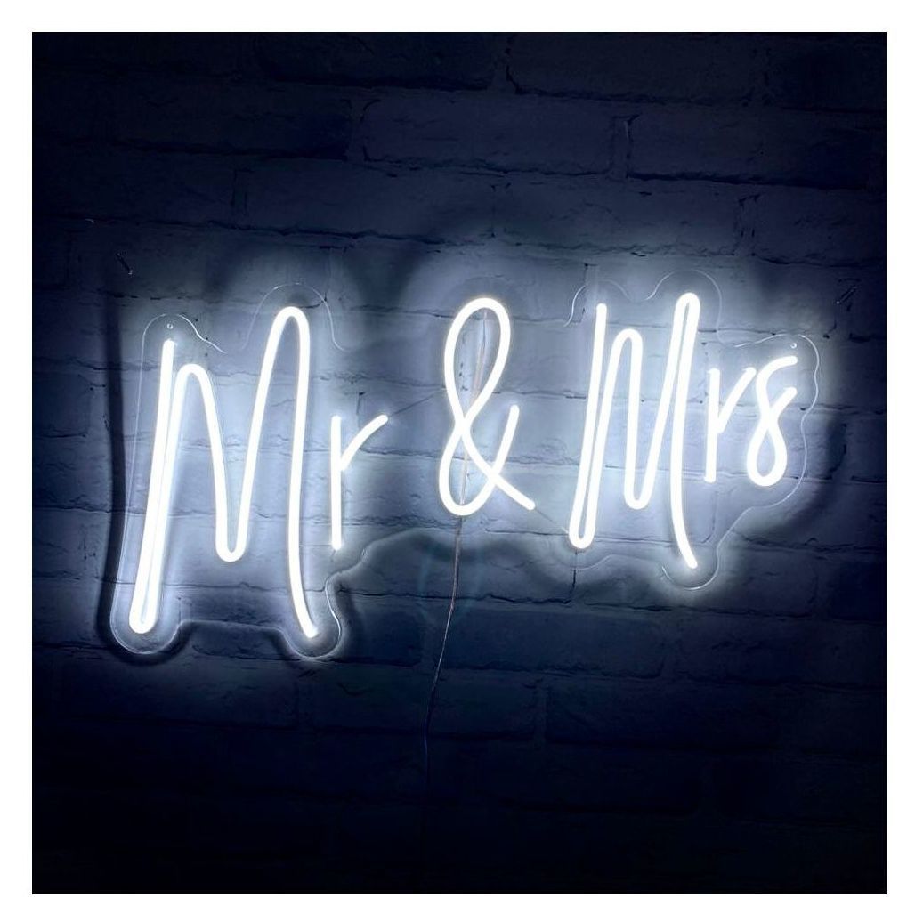 Неоновая табличка "Mr&Mrs", белый холодный