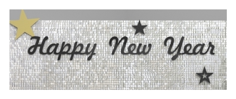 Надпись черная  " Happy New Year"+ звезды золото/черные