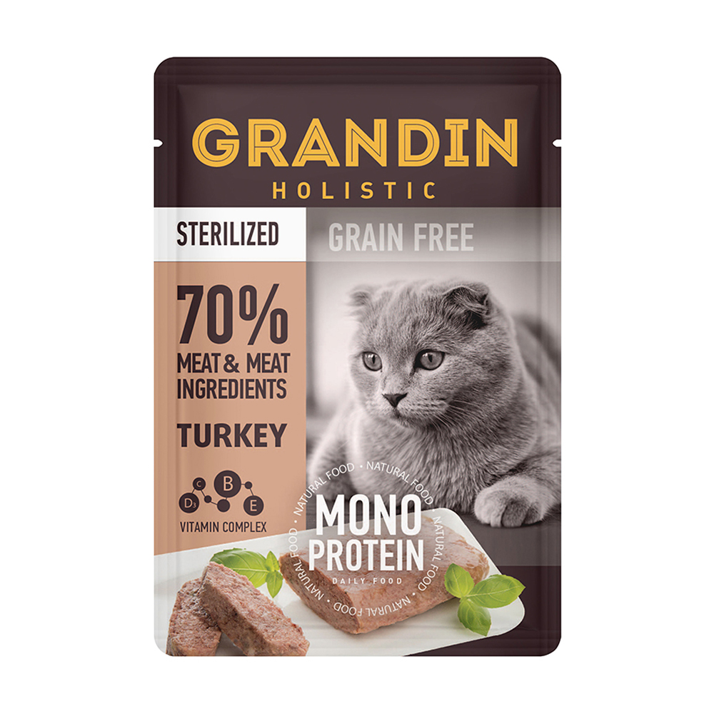 Grandin Sterilized Grain free Monoprotein Влажный корм (пауч) для взрослых  стерилизованных кошек, патэ из нежного мяса индейки в желе, 85 гр.