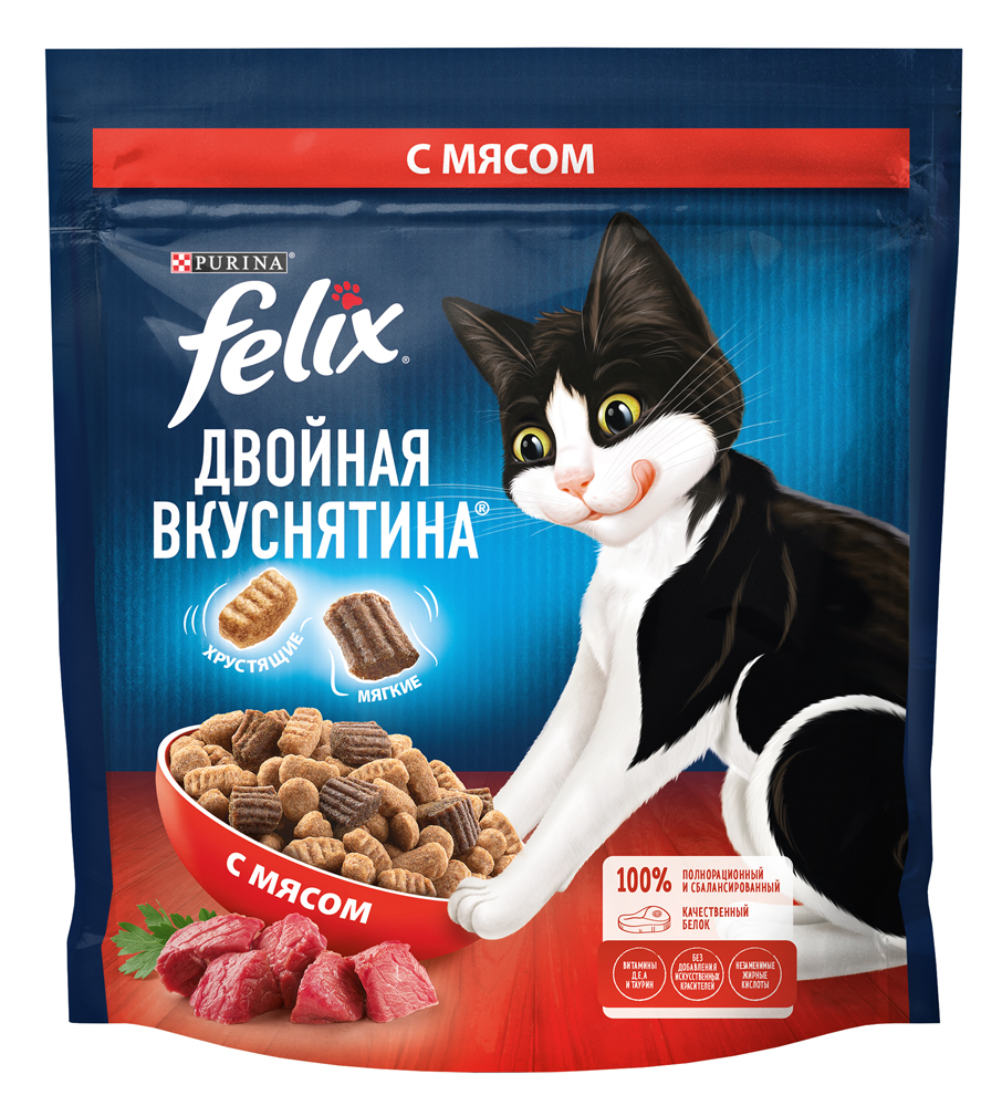 

Felix Cухой корм для взрослых кошек Двойная вкуснятина, с мясом, 600 гр.