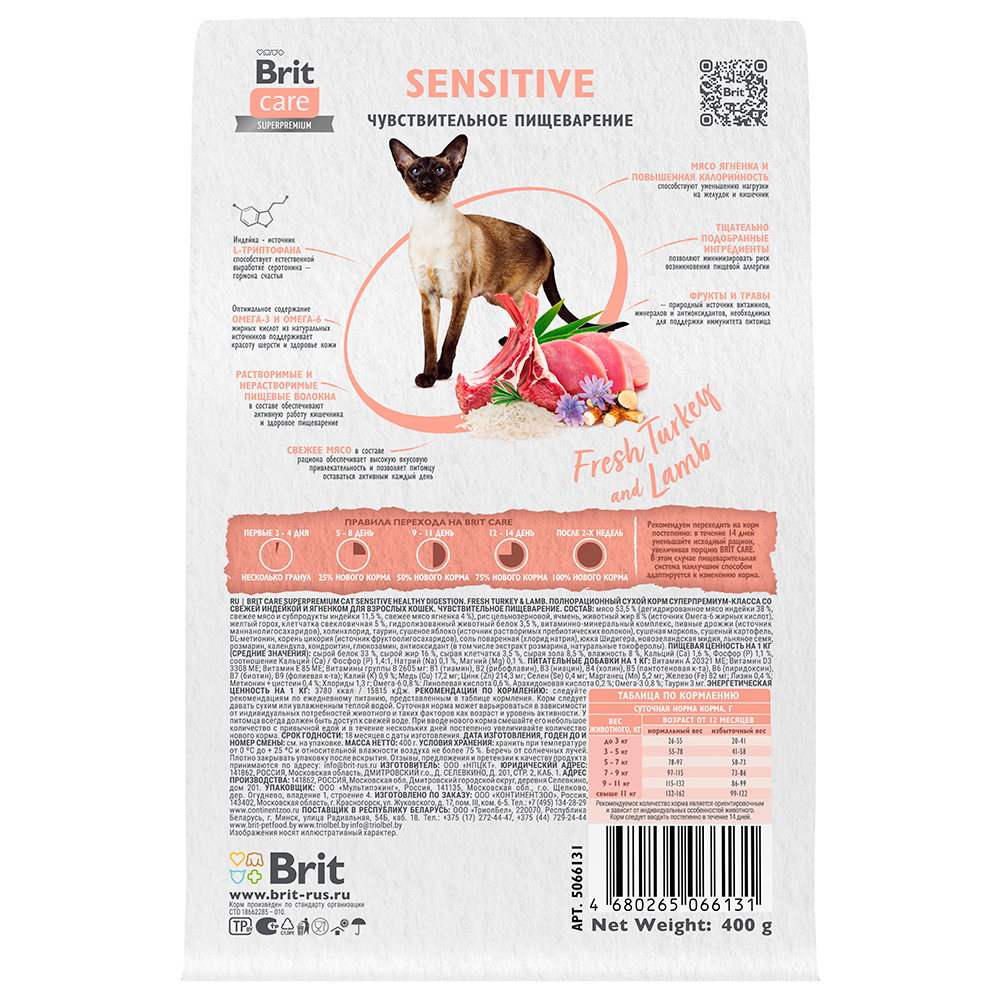 

Brit Care Sensitive Сухой корм для кошек, с индейкой и ягненком, 400 гр.