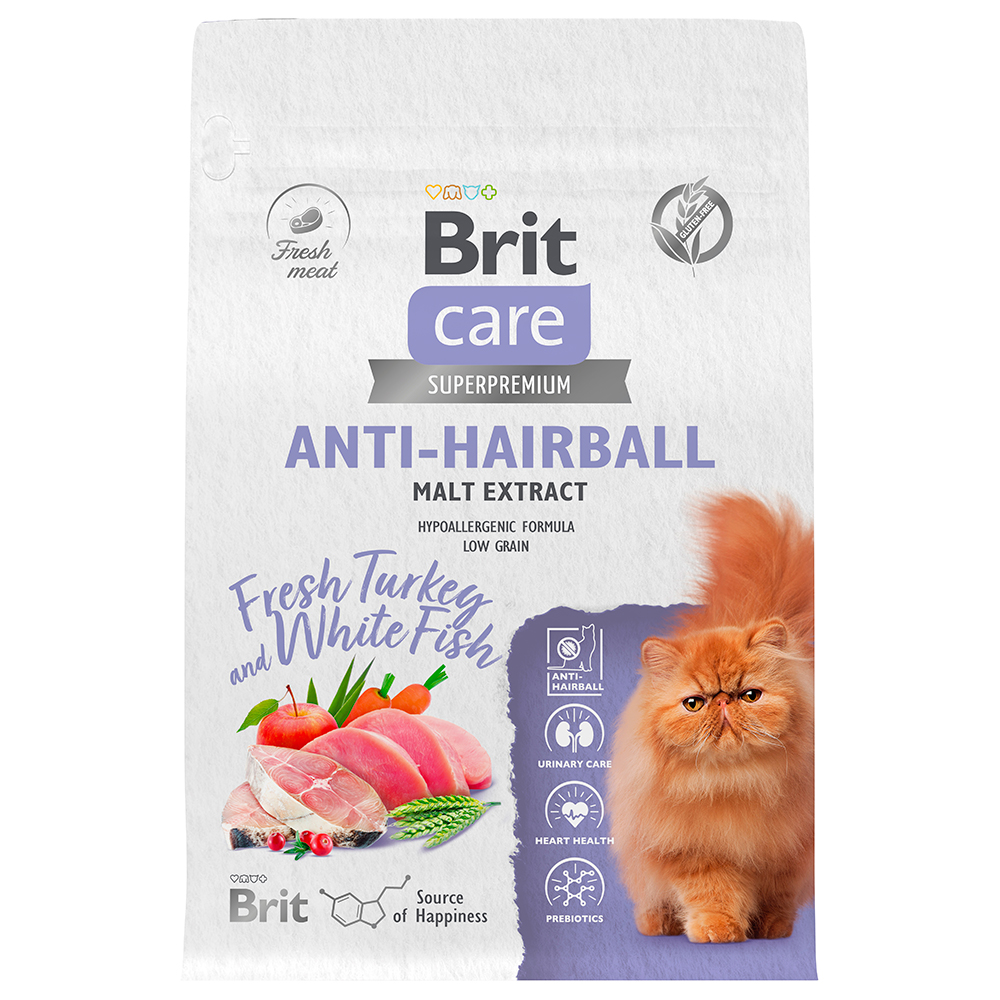 

Brit Care Anti-hairball Сухой корм для кошек, с белой рыбой и индейкой, 400 гр.