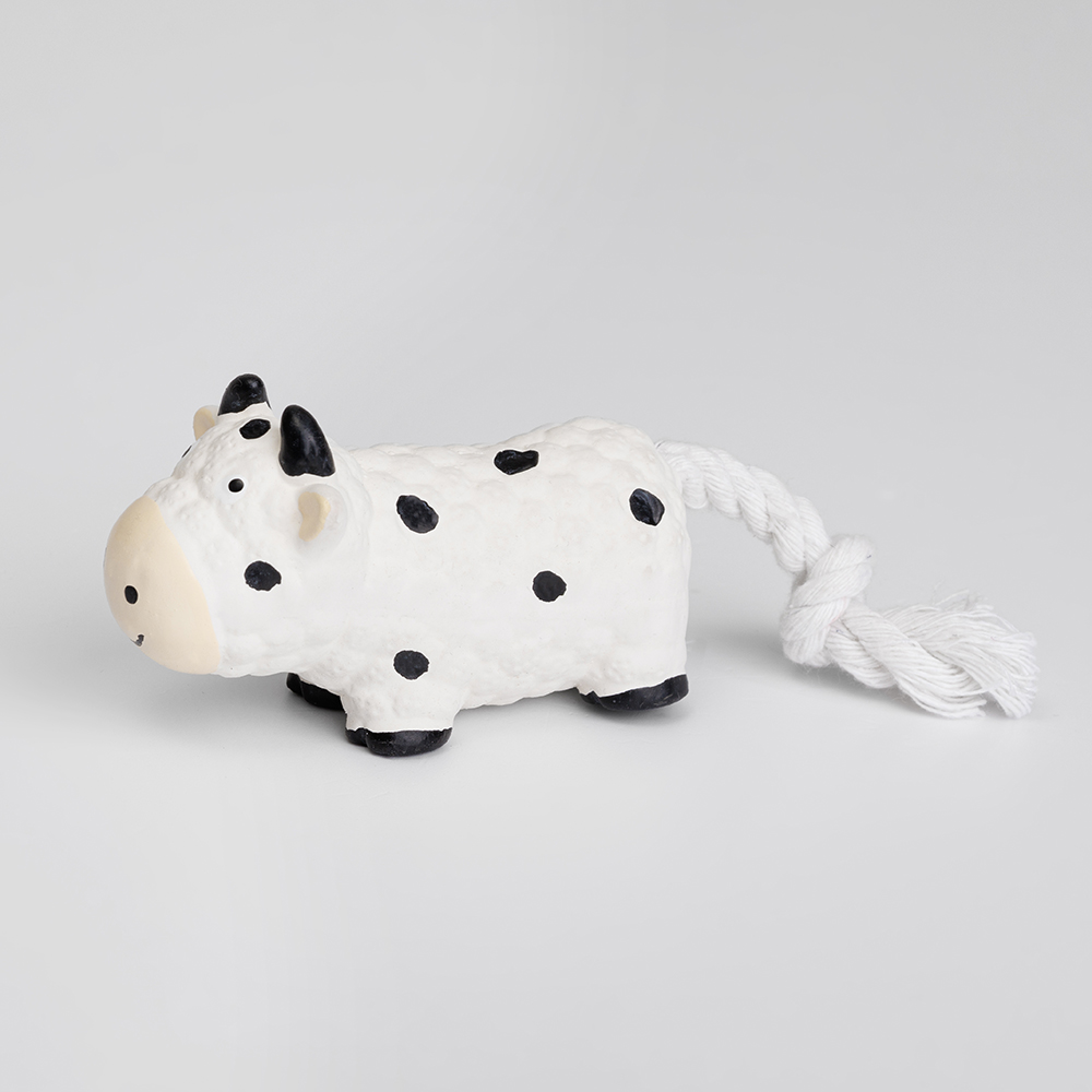 

Petmax Игрушка из латекса для собак Корова с веревочным хвостом, 10х4х5 см, Разноцветный