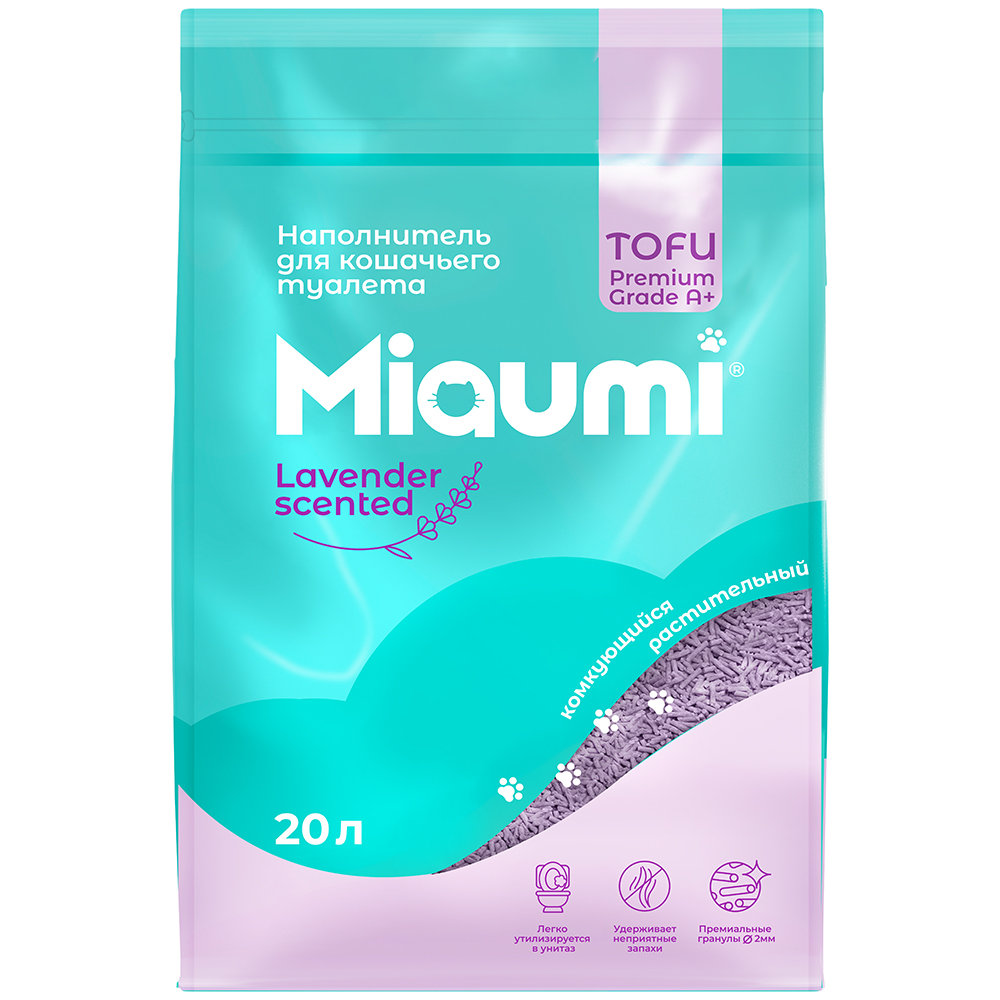 

MIAUMI Наполнитель комкующийся для кошачьих туалетов Тофу, 20 л, с ароматом лаванды