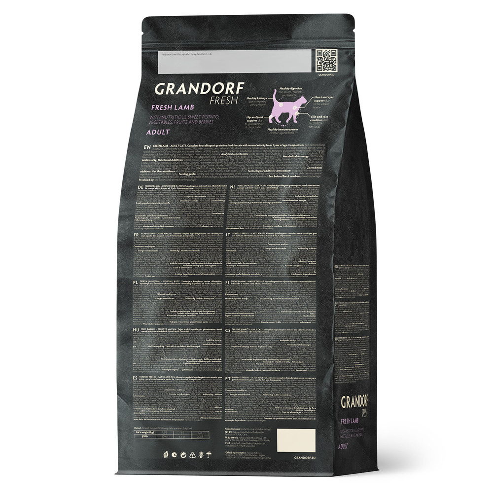 

Grandorf Fresh Adult Сухой корм для взрослых кошек с чувствительным пищеварением или склонных к аллергии, с ягненком и бататом, 400 гр.