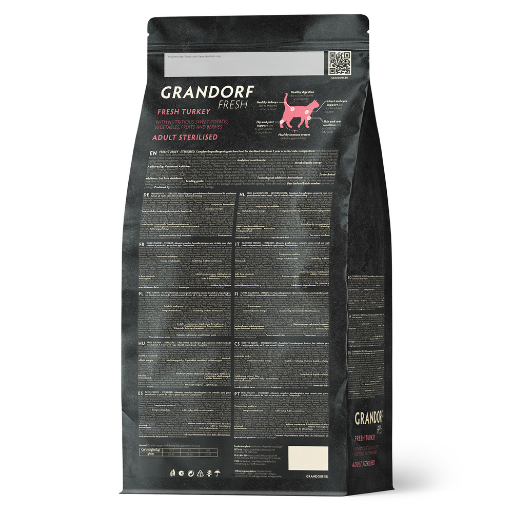 

Grandorf Fresh Adult Sterilised Сухой корм для взрослых стерилизованных кошек и кастрированных котов, с индейкой и бататом, 2 кг
