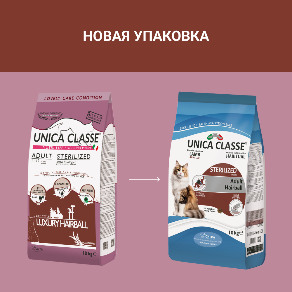 

UNICA Classe Adult Sterilized Luxury Hairball Сухой корм для стерилизованных кошек, с ягненком, 1,5 кг