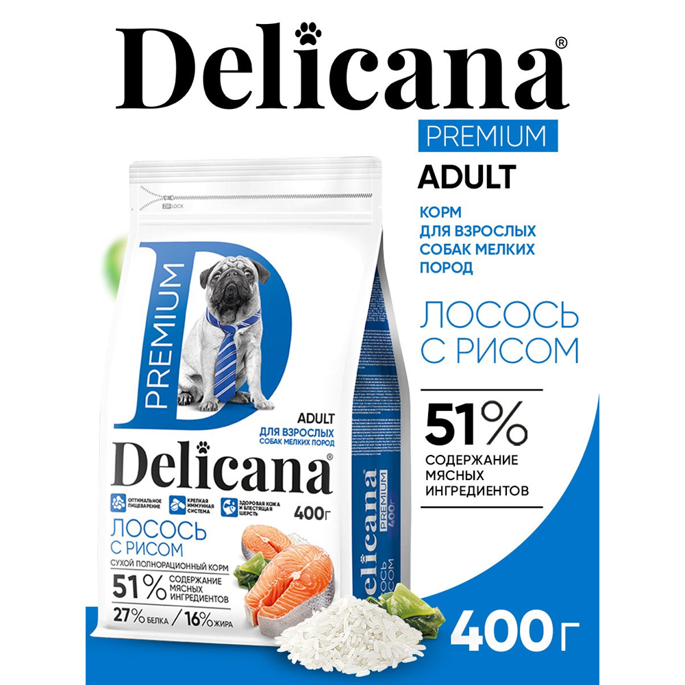 

DELICANA Premium Сухой корм для собак мелких пород, лосось с рисом, 400 гр.