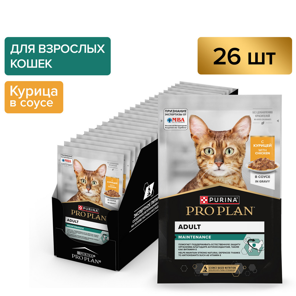 

ProPlan MAINTENANCE Влажный корм (пауч) для взрослых кошек, с курицей в соусе, 85 гр.