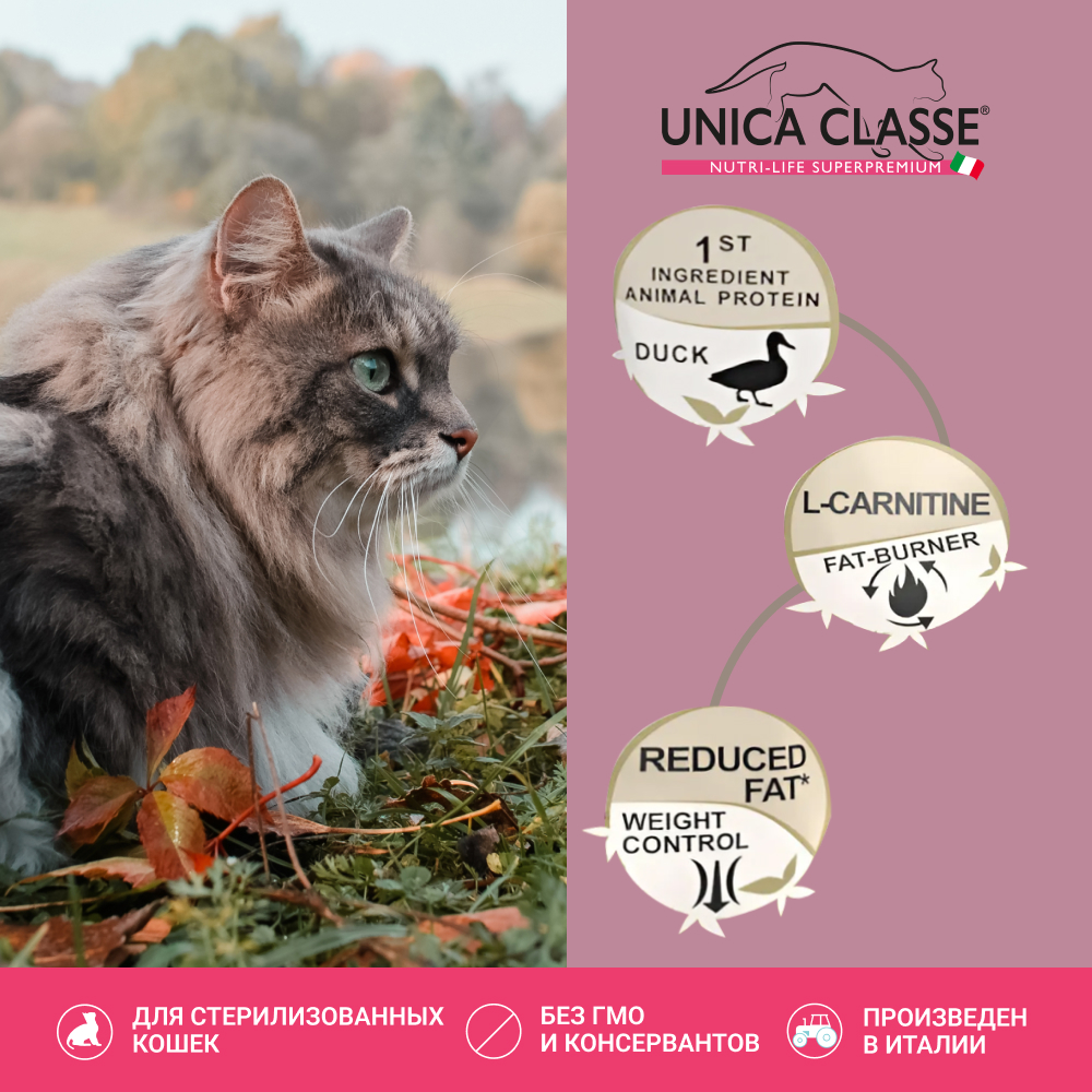 

UNICA Classe Adult Sterilized Lightness Сухой корм для стерилизованных кошек, с уткой, 1,5 кг
