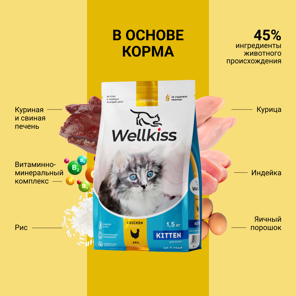 

Wellkiss Kitten Delicate Сухой корм для котят, с курицей, 1,5 кг