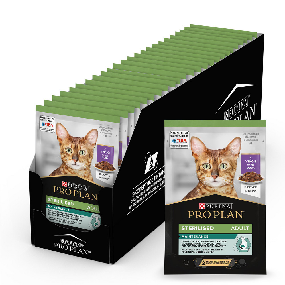 

ProPlan Sterilised Maintenance Влажный корм (пауч) для взрослых стерилизованных кошек и кастрированных котов, с уткой в соусе, 85 гр.