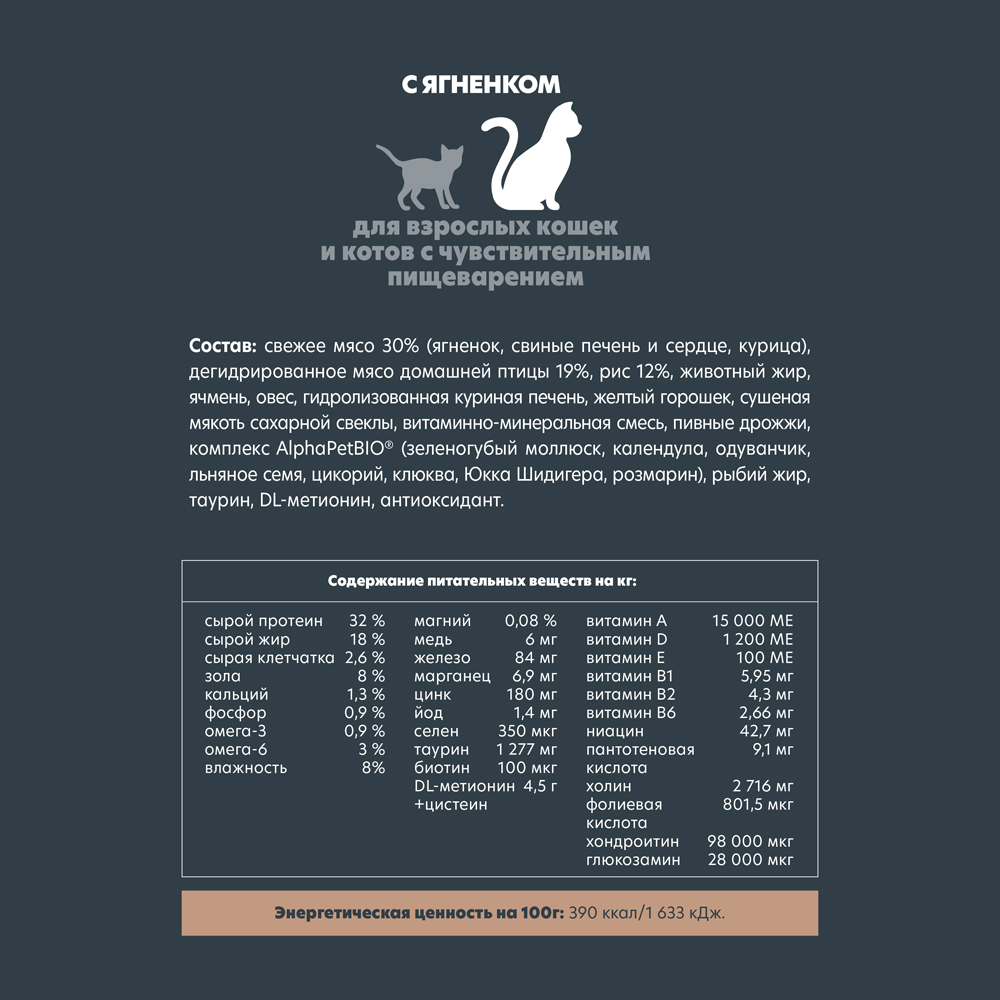 

AlphaPet Сухой корм для взрослых кошек с чувствительным пищеварением с ягненком, 1,5 кг