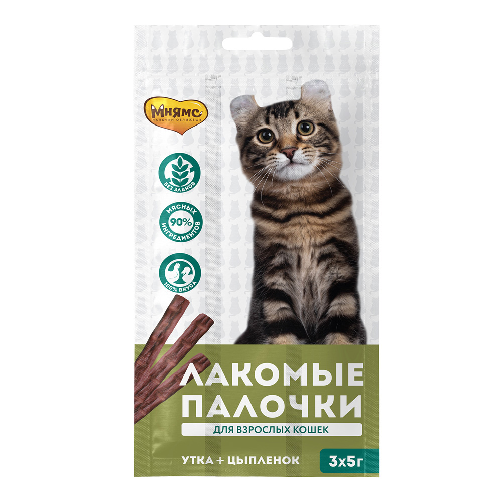 

Мнямс Лакомство Палочки с цыпленком и уткой (3х5 гр.) для кошек
