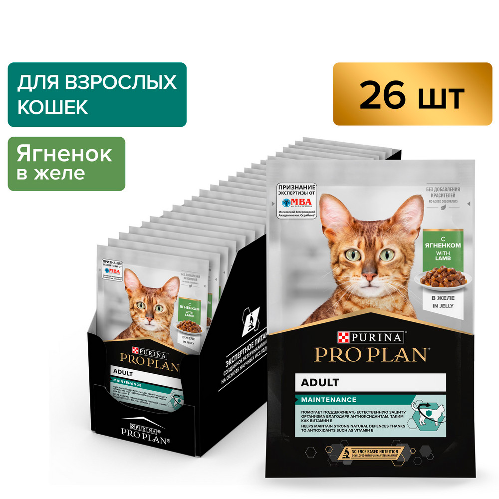 

ProPlan Maintenance Влажный корм (пауч) для взрослых кошек, с ягненком в желе, 85 гр.
