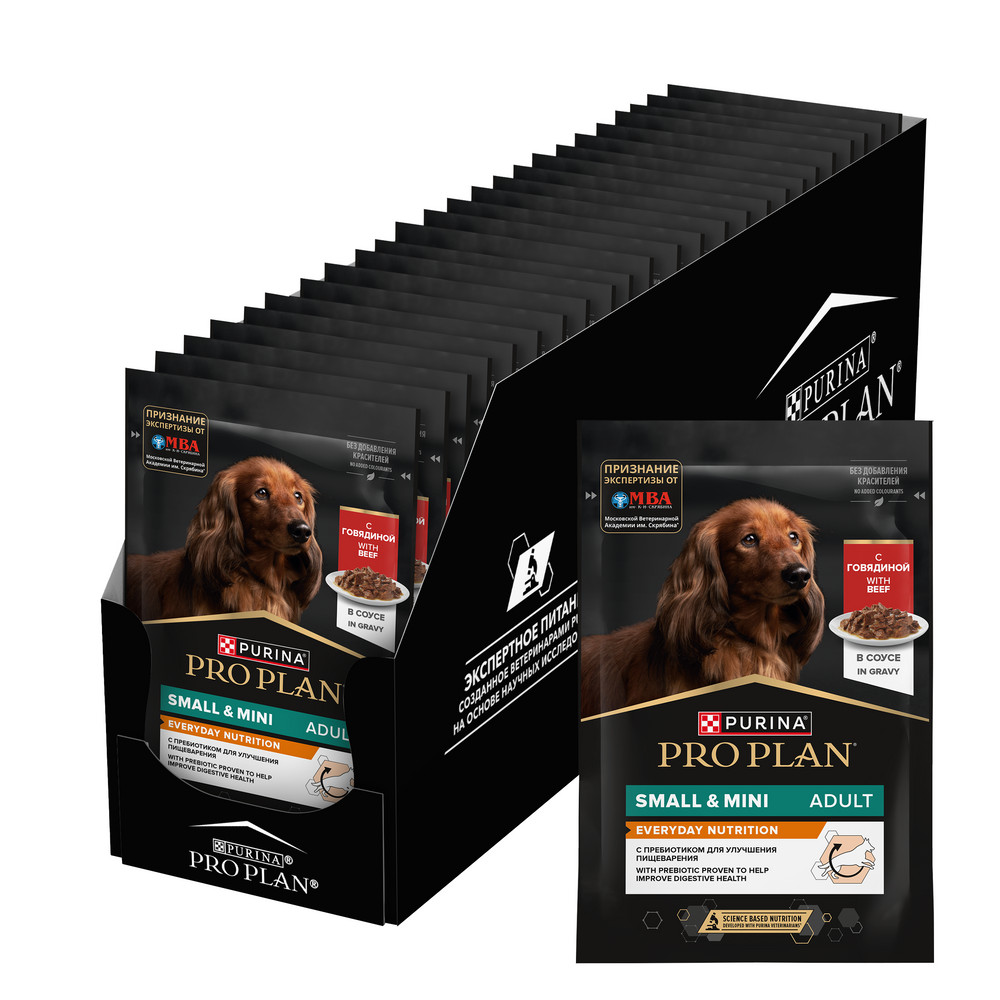 

ProPlan Влажный корм (пауч) для взрослых собак мелких и карликовых пород, с говядиной в соусе, 85 гр.