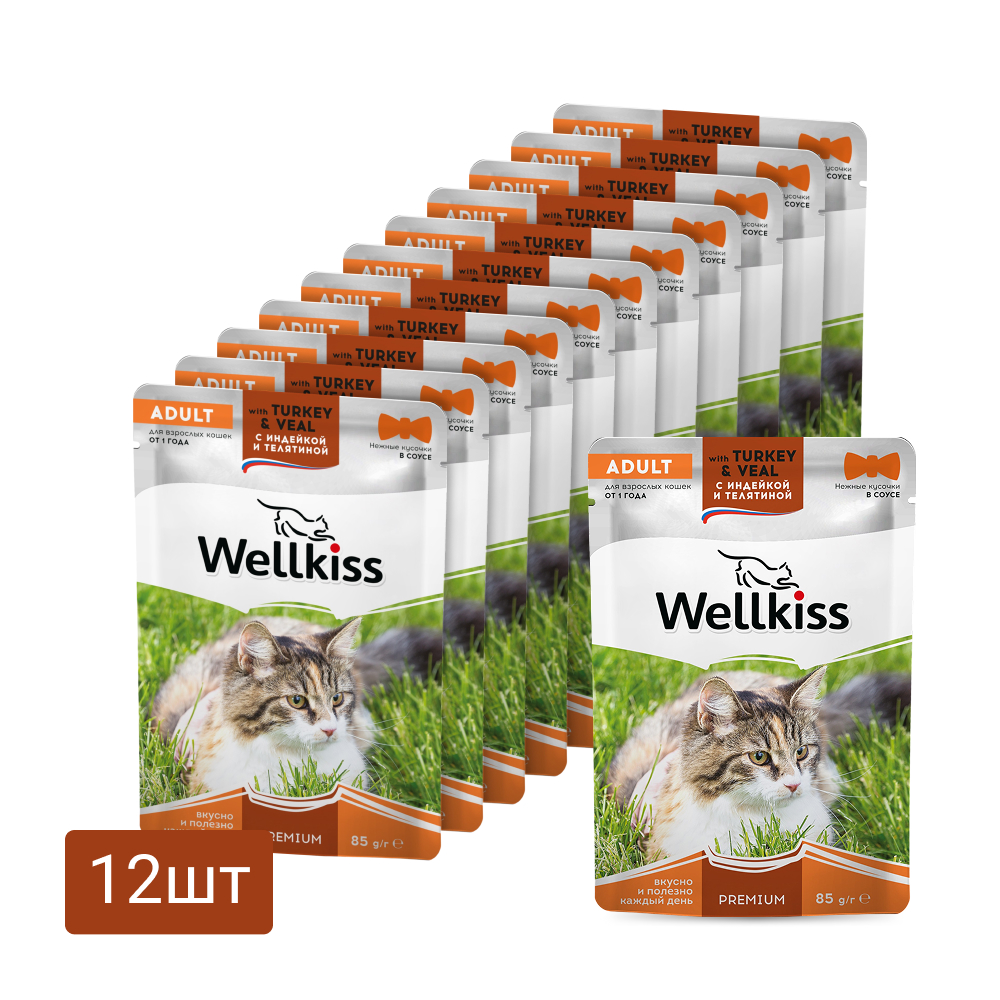 

Wellkiss Adult Влажный корм (пауч) для взрослых кошек, с индейкой и телятиной в соусе, 85 гр.