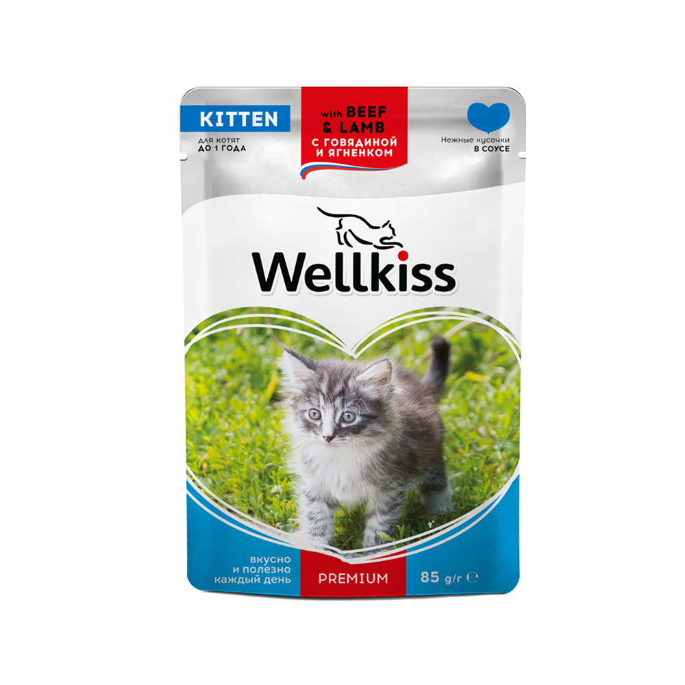 

Wellkiss Kitten Влажный корм (пауч) для котят, с ягненком и говядиной в соусе, 85 гр.