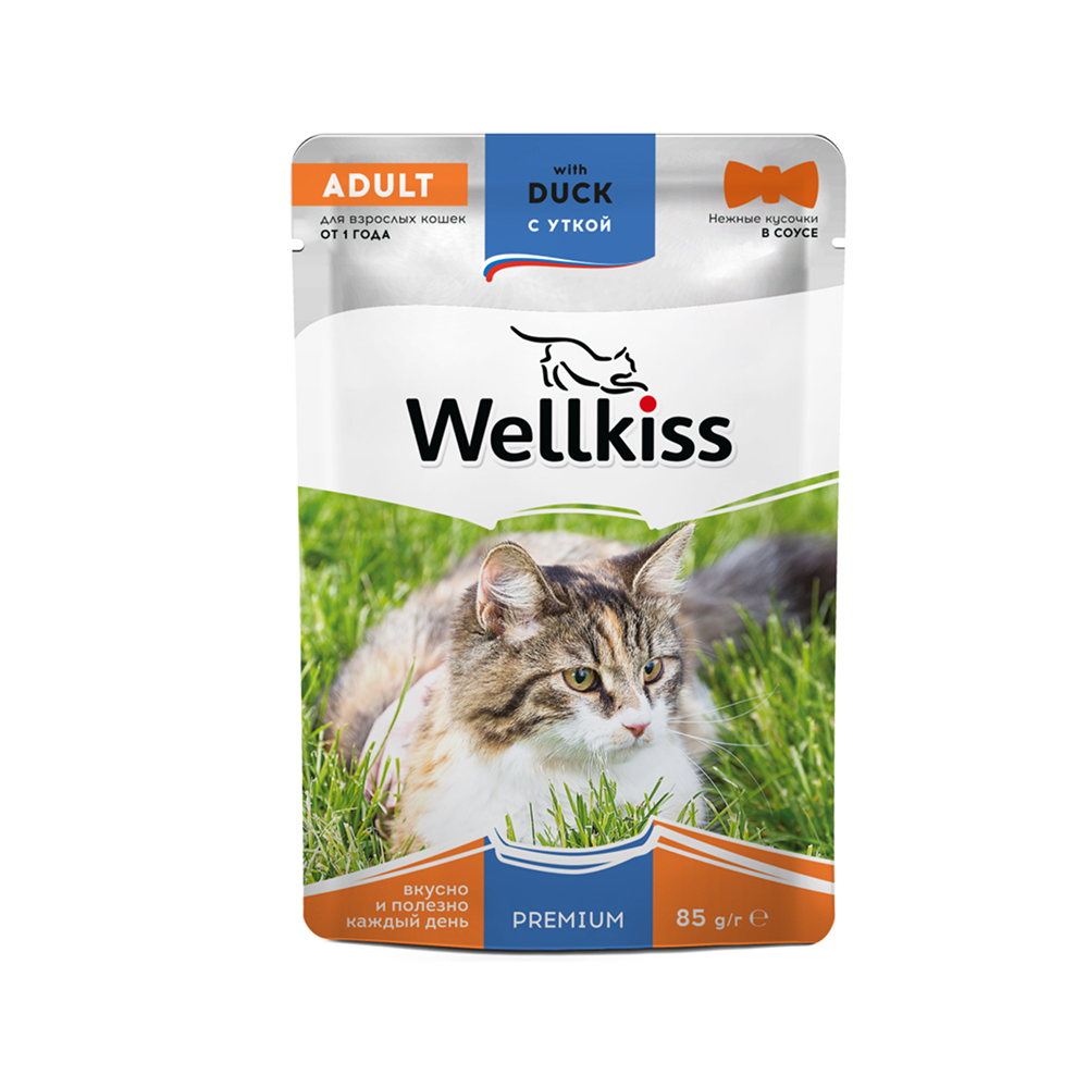 

Wellkiss Adult Влажный корм (пауч) для взрослых кошек, с уткой в соусе, 85 гр.