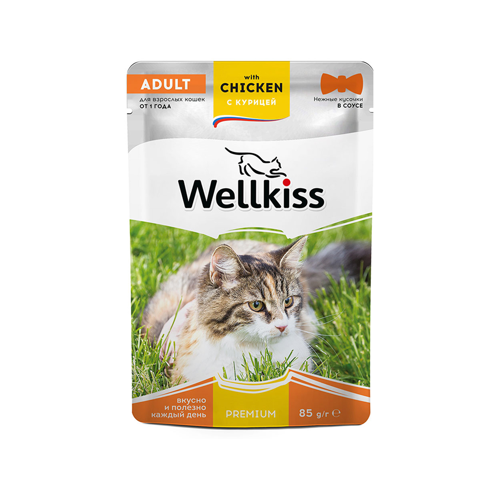 

Wellkiss Adult Влажный корм (пауч) для взрослых кошек, с курицей в соусе, 85 гр.