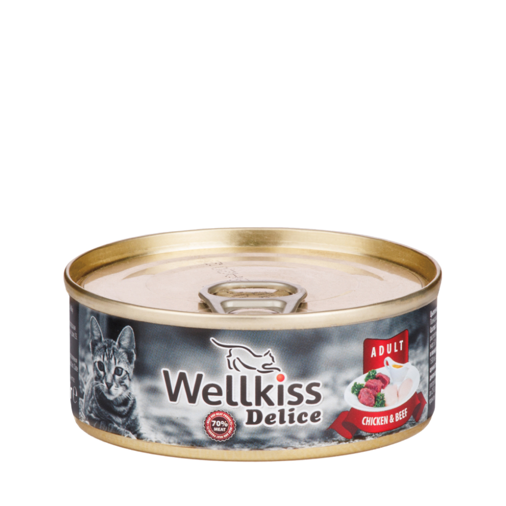 

Wellkiss Влажный корм (консервы) для кошек, цыпленок с говядиной, 100 гр.