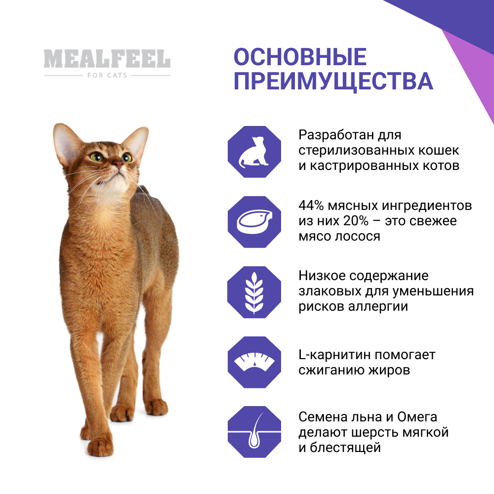 

Mealfeel Сухой корм для стерилизованных кошек и кастрированных котов в возрасте от 1 до 7 лет, с лососем, 1,5 кг