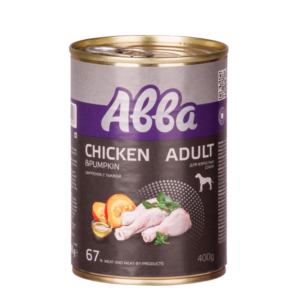

АВВА Adult Влажный корм (консервы) для взрослых собак всех пород, с цыпленком и тыквой, 400 гр.