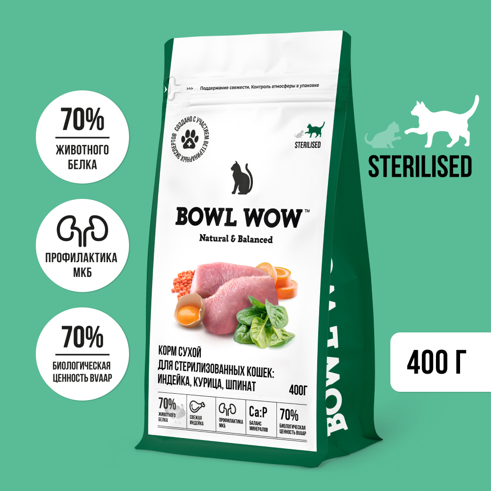 

BOWL WOW Sterilized Сухой корм для стерилизованных кошек, с индейкой, курицей и шпинатом, 400 гр.