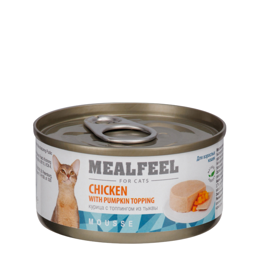 

Mealfeel Влажный корм (консервы) для кошек, мусс из курицы с топпингом из тыквы, 85 гр.