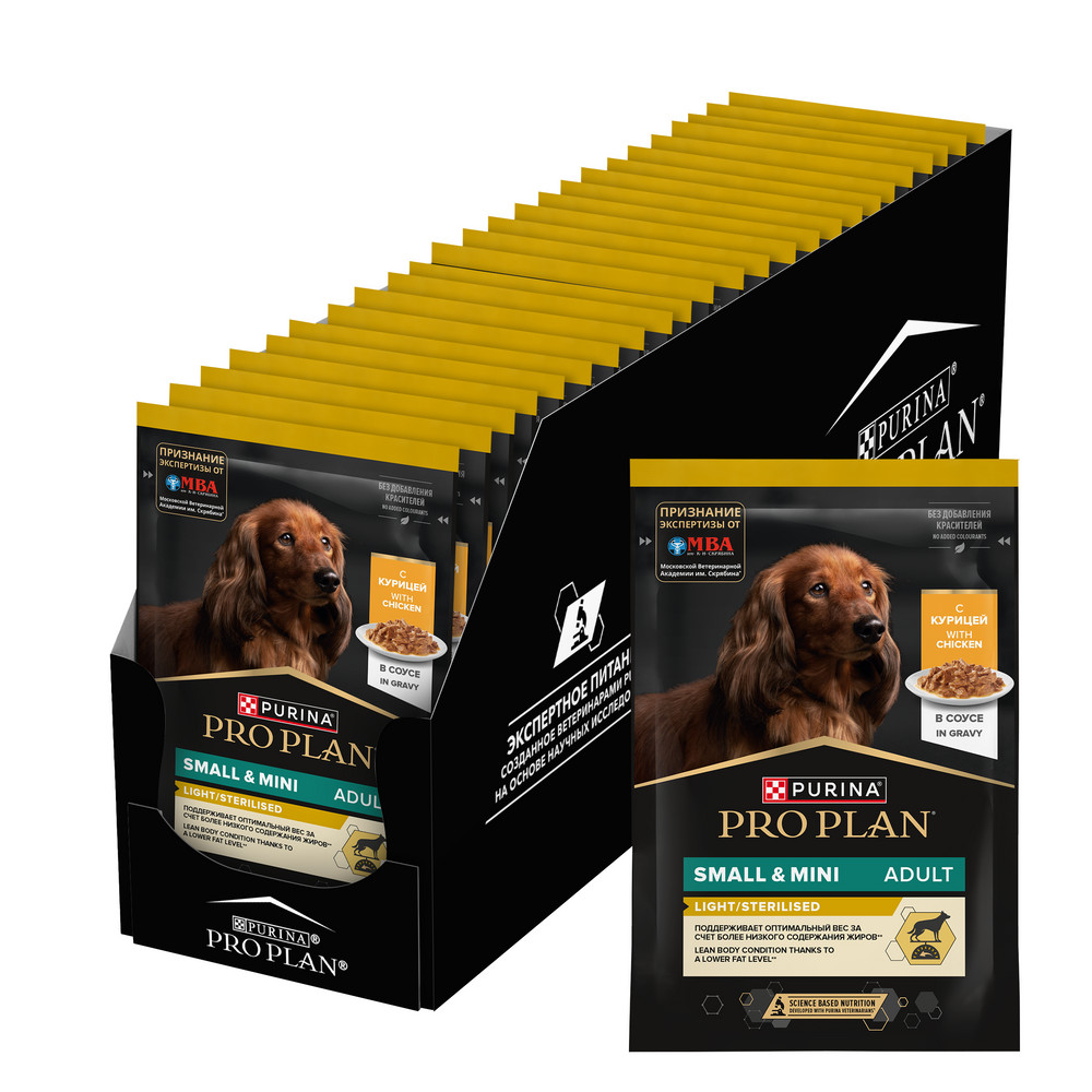 

ProPlan Влажный корм (пауч) для взрослых собак мелких и карликовых пород, склонных к набору веса, с курицей в соусе, 85 гр.