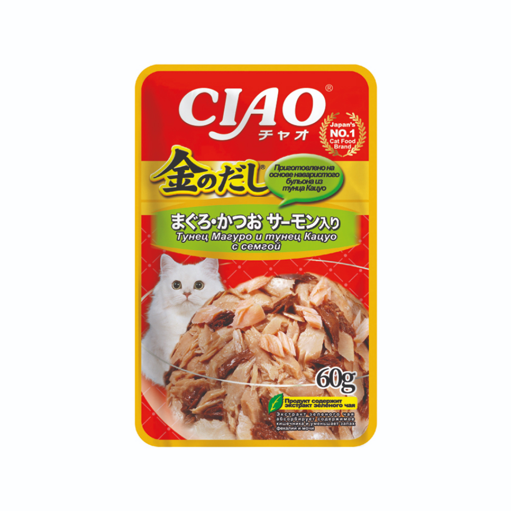 

INABA CIAO Влажный корм (пауч) для кошек, тунец магуро и тунец кацуо с семгой, 60 гр.