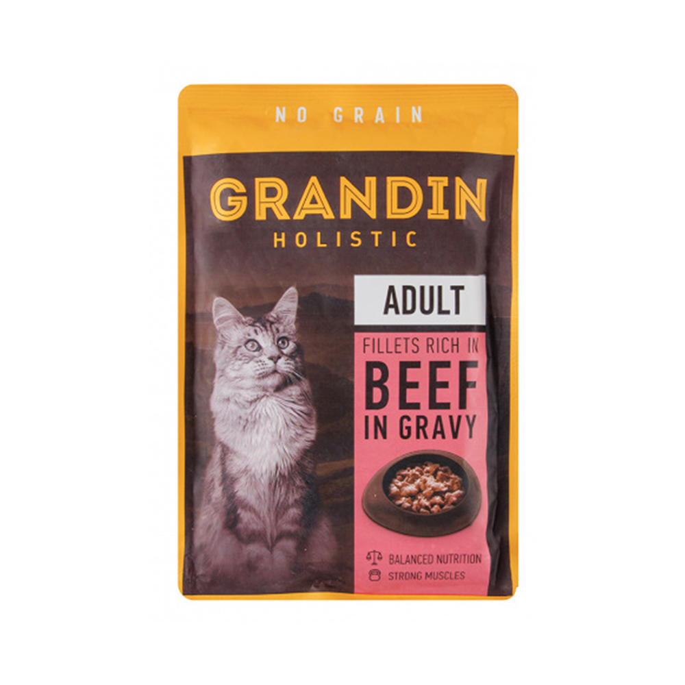 

Grandin Влажный корм (пауч) для кошек, кусочки с говядиной в соусе, 85 гр.