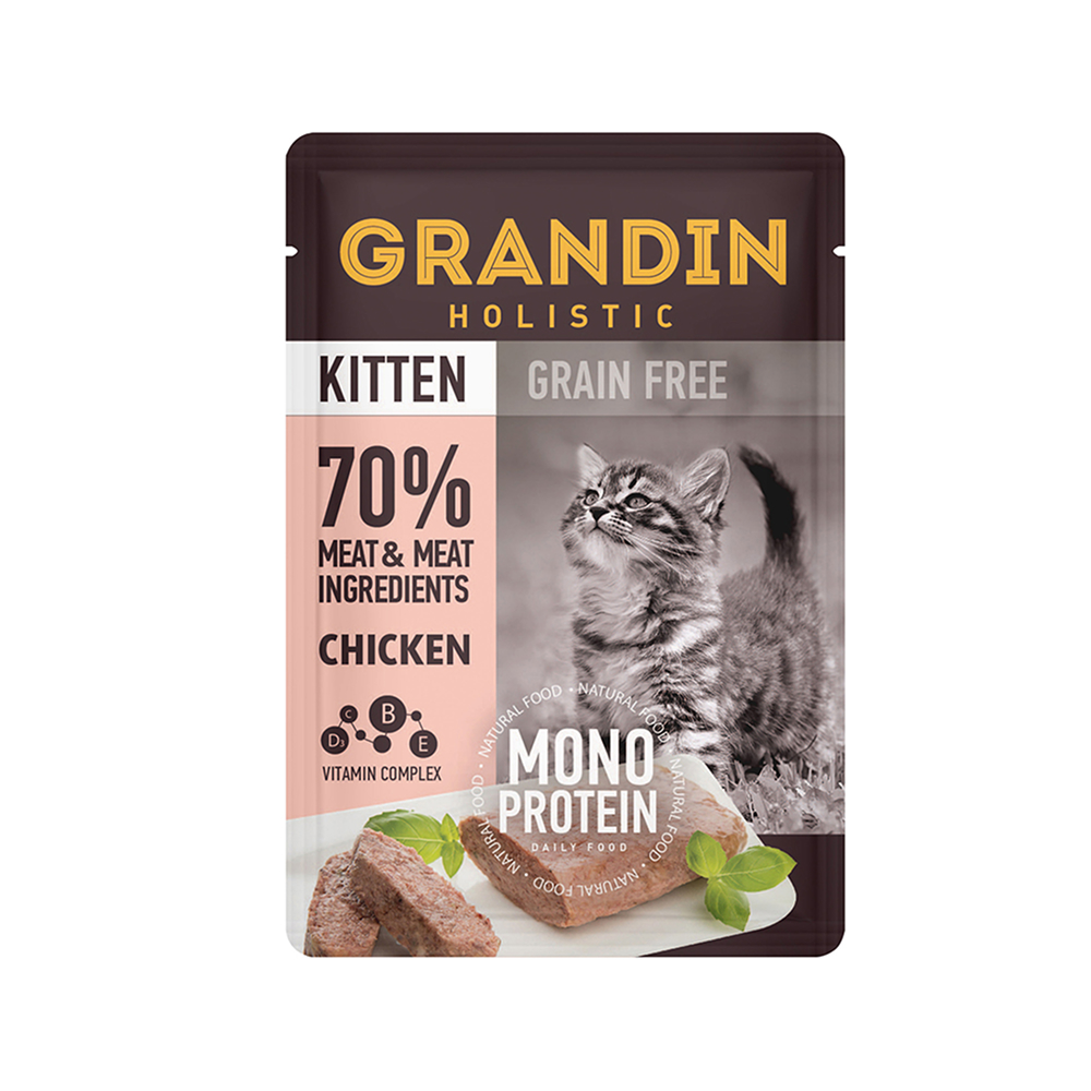 

Grandin Kitten Grain free Monoprotein Влажный корм (пауч) для котят, патэ из нежного мяса курицы в желе, 85 гр.