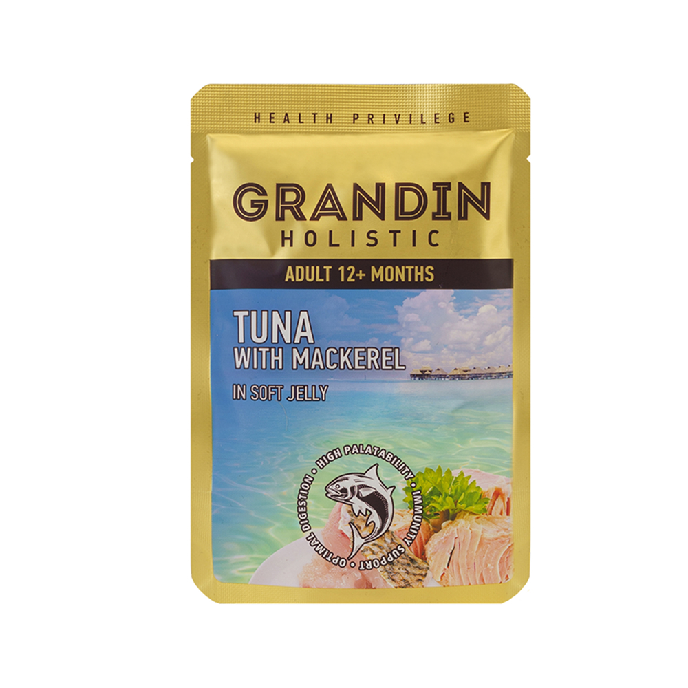 

Grandin Влажный корм (пауч) для кошек, тунец с макрелью в нежном желе, 85 гр.