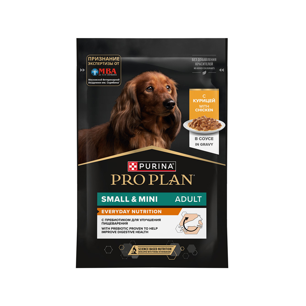 

ProPlan Влажный корм (пауч) для взрослых собак мелких и карликовых пород, с курицей в соусе, 85 гр.