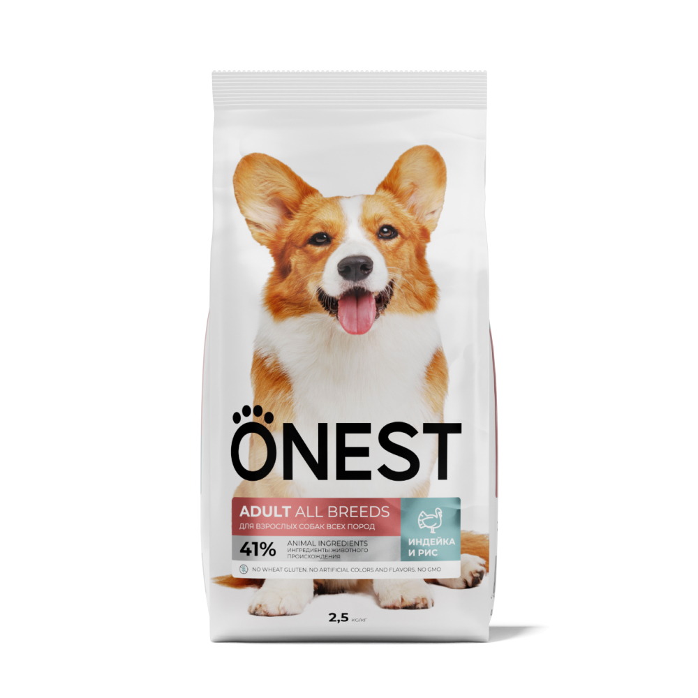 

ONEST Adult all breeds Сухой полнорационный корм для взрослых собак всех пород, с индейкой и рисом, 2,5 кг